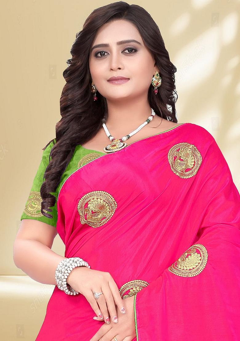 Pink Zari Embroidered Silk Saree Set