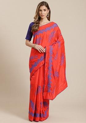 Red Zari Embroidered Silk Saree Set
