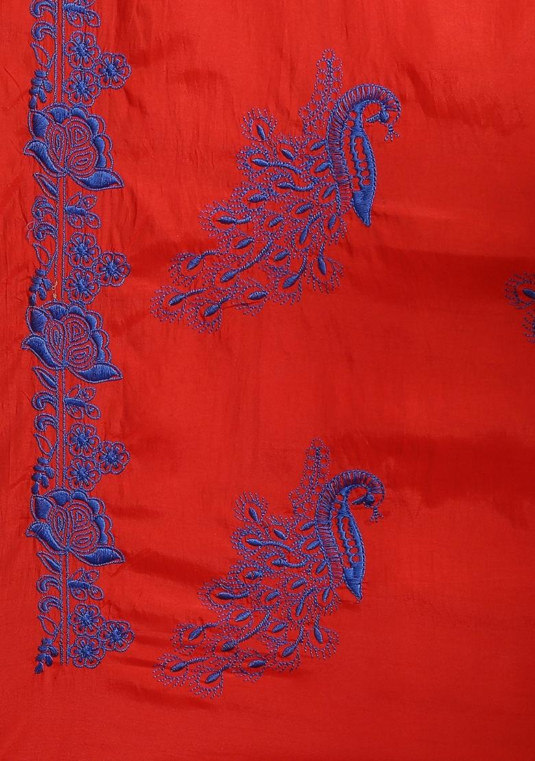 Red Zari Embroidered Silk Saree Set