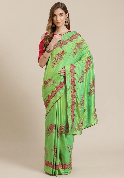 Green Zari Embroidered Silk Saree Set
