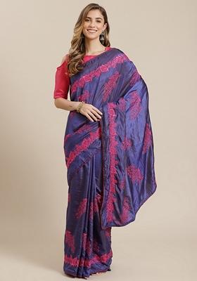 Blue Zari Embroidered Silk Saree Set