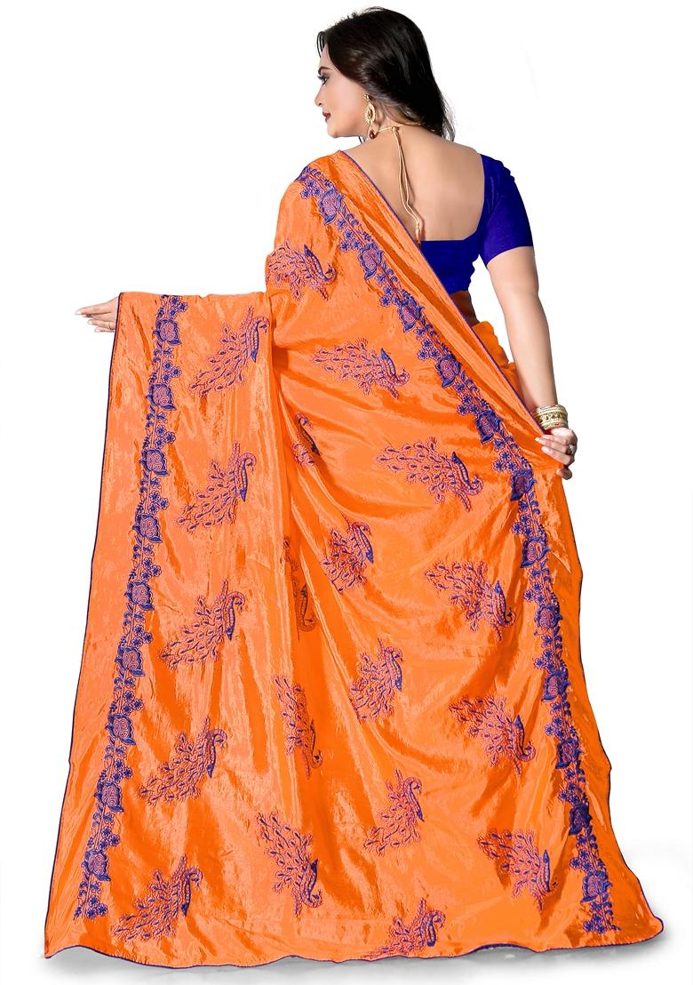 Orange Zari Embroidered Silk Saree Set