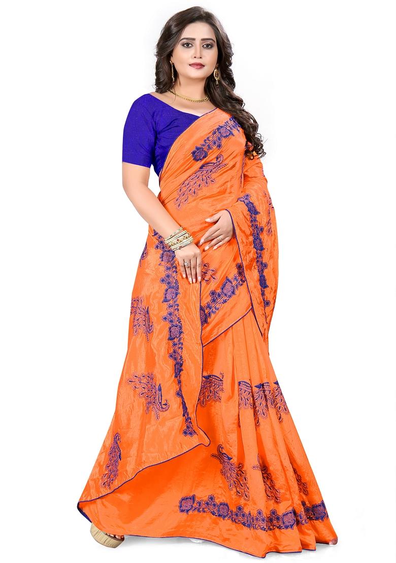 Orange Zari Embroidered Silk Saree Set