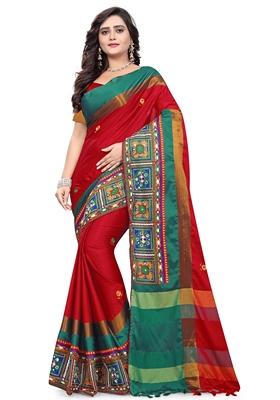 Red Embroidered Cotton Silk Saree Set