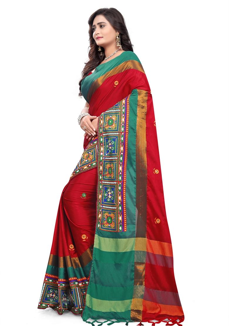 Red Embroidered Cotton Silk Saree Set