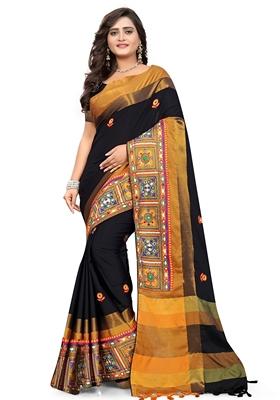 Black Embroidered Cotton Silk Saree Set