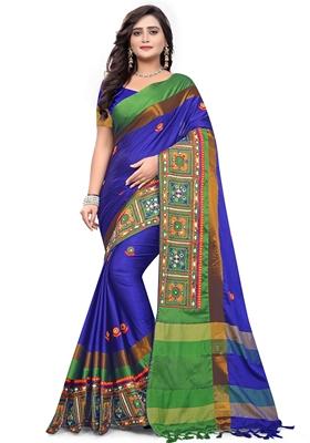 Blue Embroidered Cotton Silk Saree Set