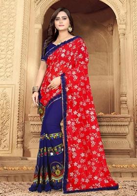 Blue And Red Foil Print Georgette Saree Set