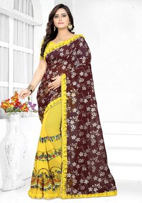 Yellow And Brown Foil Print Georgette Saree Set