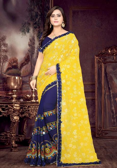 Blue And Yellow Foil Print Georgette Saree Set