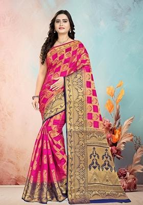 Pink And Blue Jacquard Woven Printed Banarasi Silk Saree Set