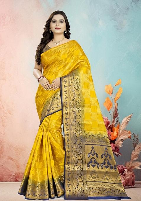 Yellow And Blue Jacquard Woven Printed Banarasi Silk Saree Set