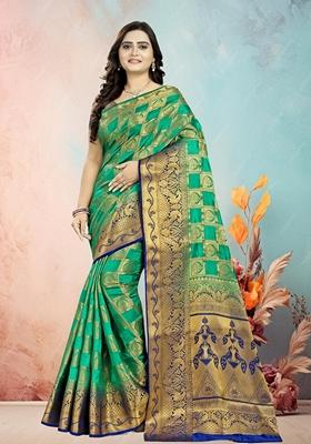 Green And Blue Jacquard Woven Printed Banarasi Silk Saree Set