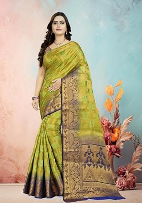 Light Green And Blue Jacquard Woven Printed Banarasi Silk Saree Set
