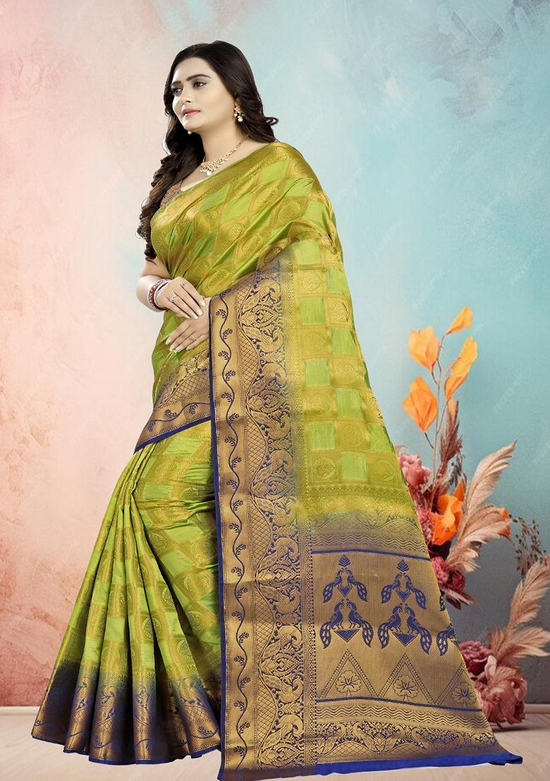Light Green And Blue Jacquard Woven Printed Banarasi Silk Saree Set