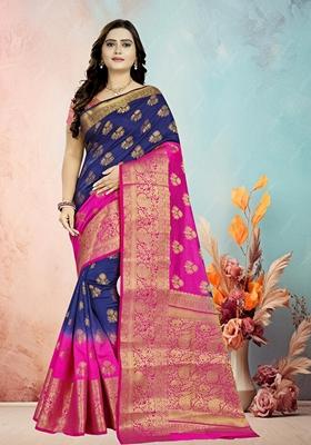 Blue And Pink Jacquard Woven Printed Banarasi Silk Saree Set