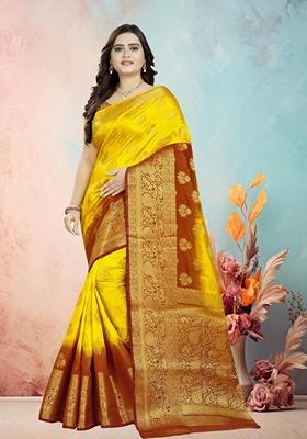 Yellow And Maroon Jacquard Woven Printed Banarasi Silk Saree Set