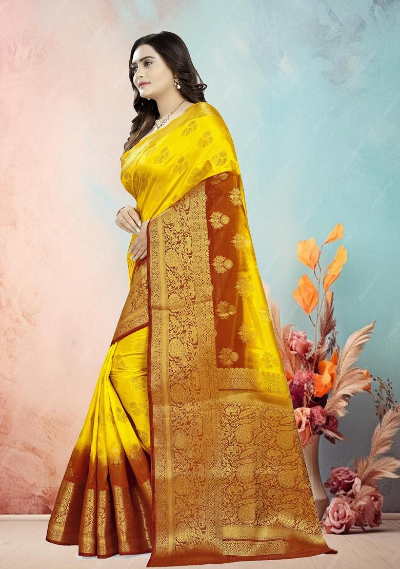 Yellow And Maroon Jacquard Woven Printed Banarasi Silk Saree Set