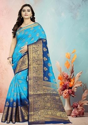 Sky Blue And Blue Jacquard Woven Printed Banarasi Silk Saree Set