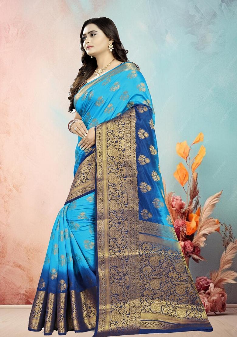 Sky Blue And Blue Jacquard Woven Printed Banarasi Silk Saree Set