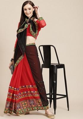 Red And Black Embroidered Georgette Saree Set