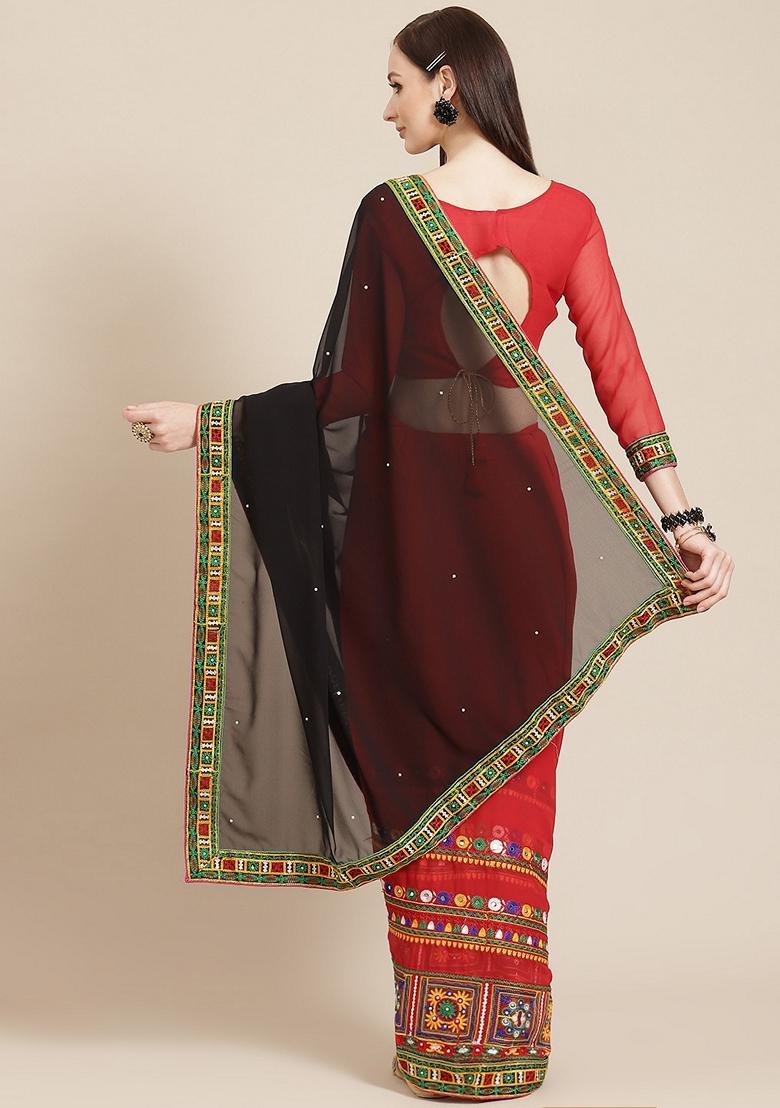 Red And Black Embroidered Georgette Saree Set