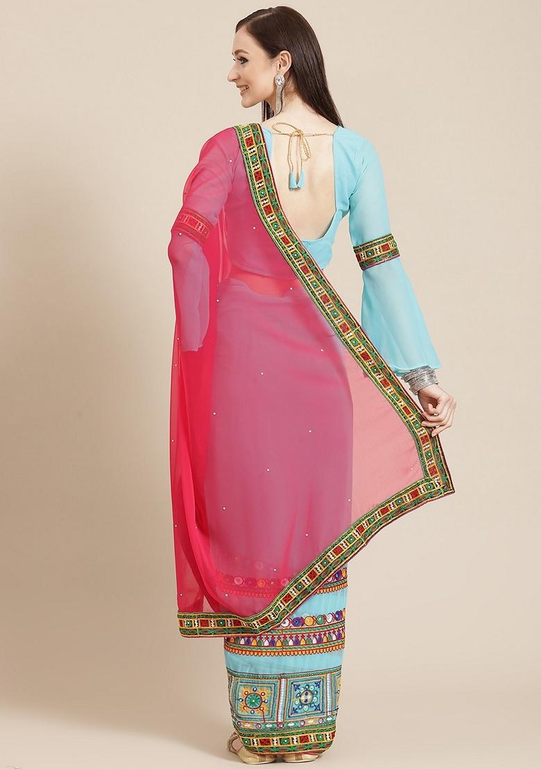 Sky Blue And Pink Embroidered Georgette Saree Set
