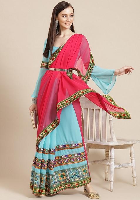 Sky Blue And Pink Embroidered Georgette Saree Set