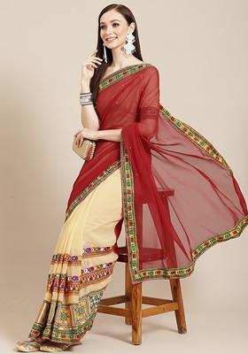 Beige And Maroon Embroidered Georgette Saree Set