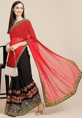 Black And Red Embroidered Georgette Saree Set