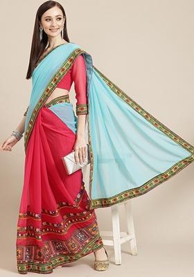 Pink And Sky Blue Embroidered Georgette Saree Set