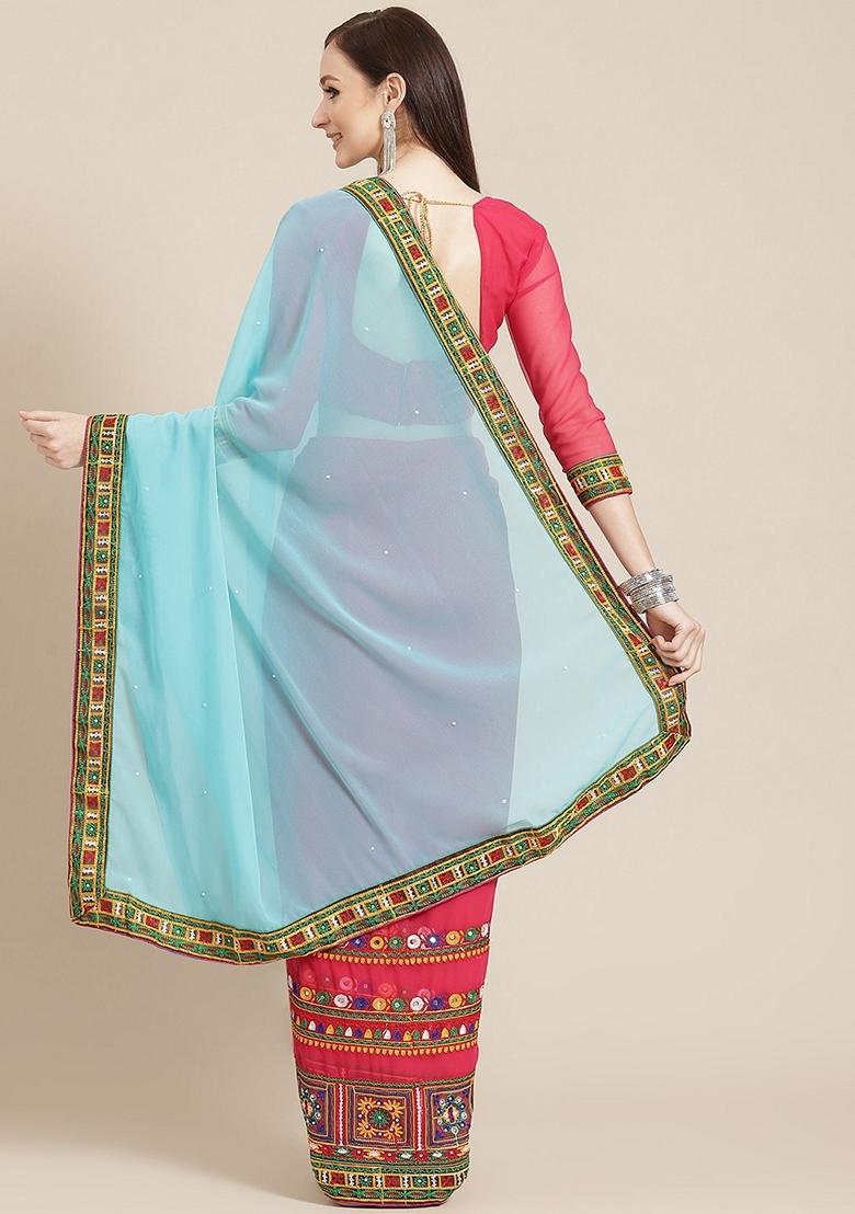 Pink And Sky Blue Embroidered Georgette Saree Set