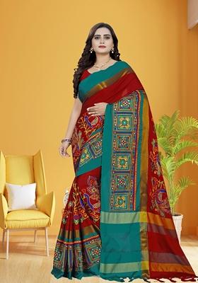 Red Embroidered Cotton Silk Saree Set