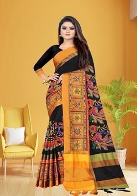 Black Embroidered Cotton Silk Saree Set