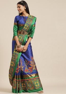 Blue Embroidered Cotton Silk Saree Set