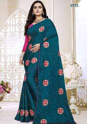 Turquoise Embroidered Rangoli Silk Saree Set