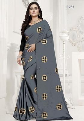 Grey Embroidered Rangoli Silk Saree Set