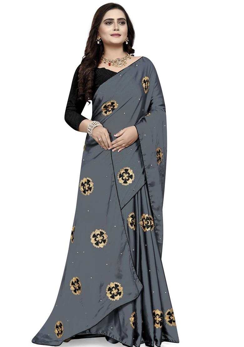 Grey Embroidered Rangoli Silk Saree Set