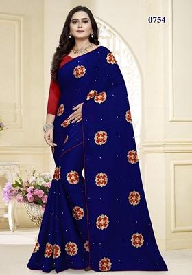 Royal Blue Embroidered Rangoli Silk Saree Set