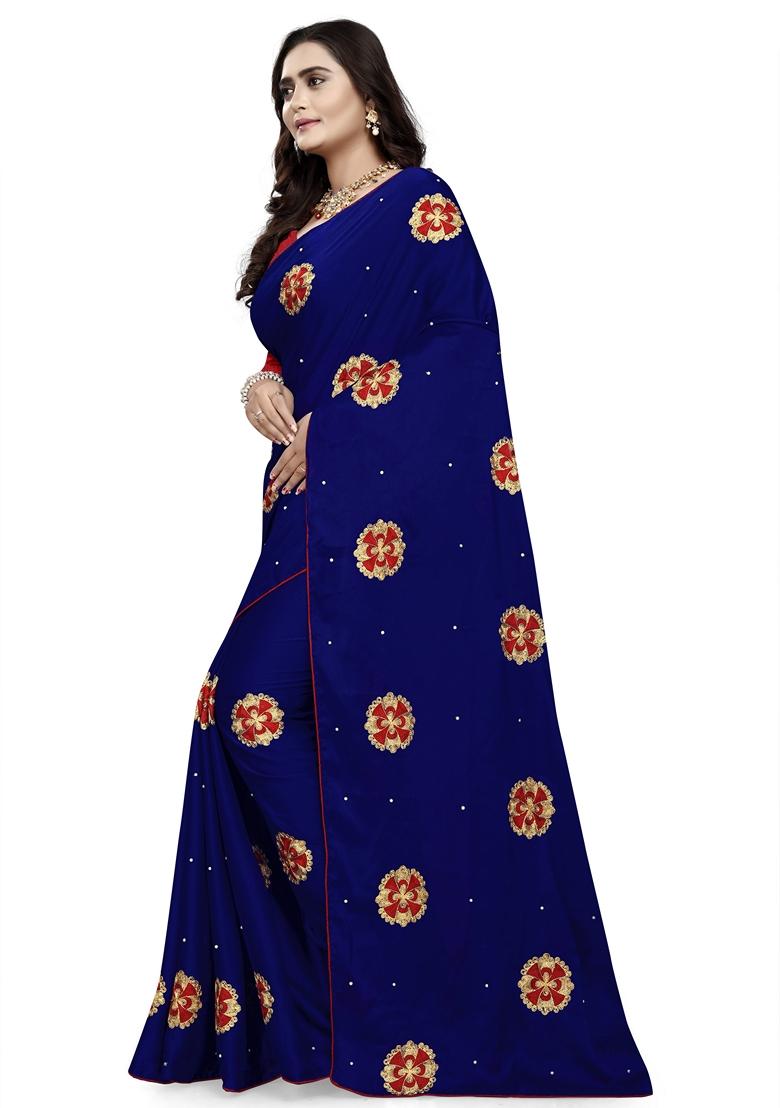 Royal Blue Embroidered Rangoli Silk Saree Set