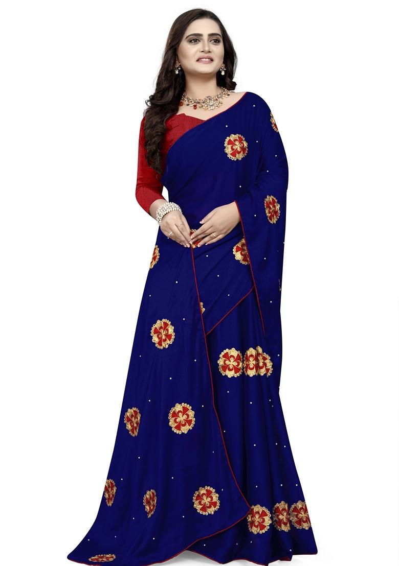 Royal Blue Embroidered Rangoli Silk Saree Set