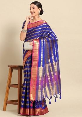 Blue Zari Embroidered Silk Saree Set