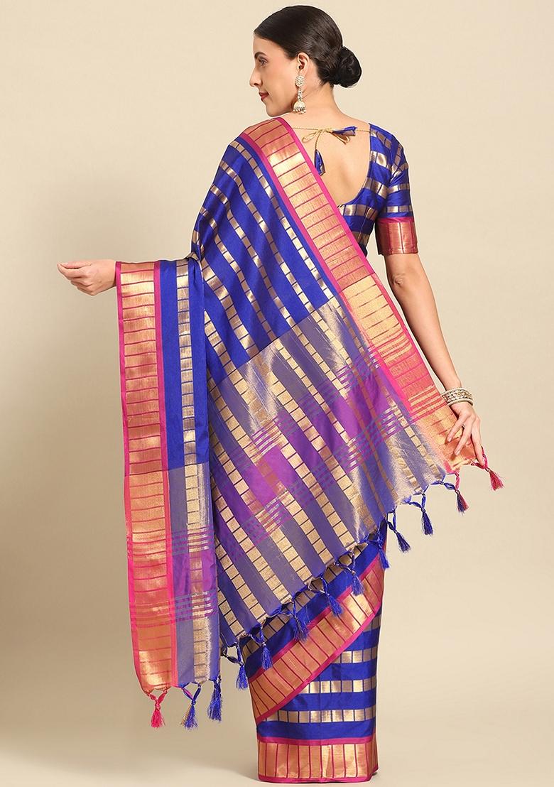 Blue Zari Embroidered Silk Saree Set