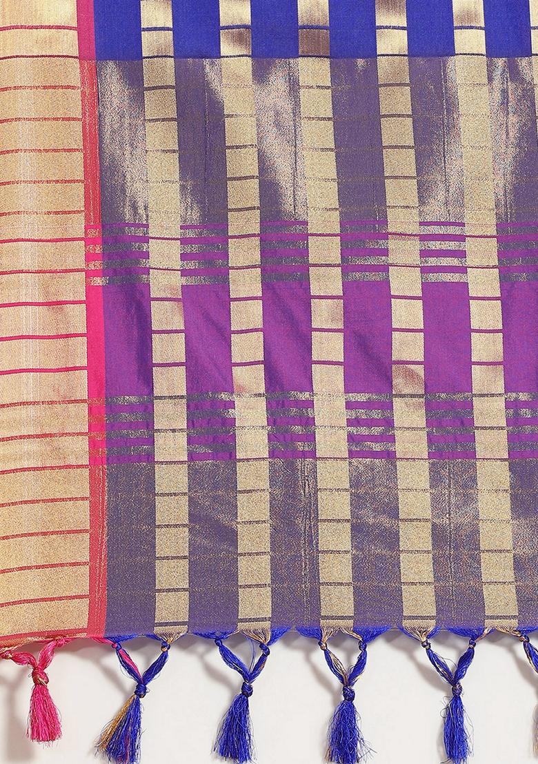 Blue Zari Embroidered Silk Saree Set