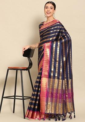 Navy Blue Zari Embroidered Silk Saree Set