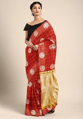 Red And Mustard Zari Embroidered Banarasi Cotton Saree Set