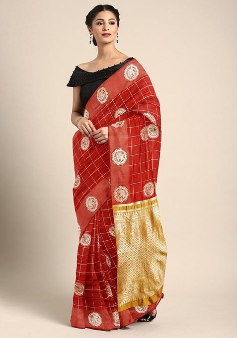 Red And Mustard Zari Embroidered Banarasi Cotton Saree Set