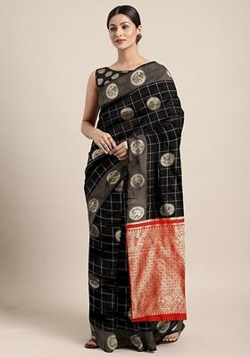 Black And Red Zari Embroidered Banarasi Cotton Saree Set