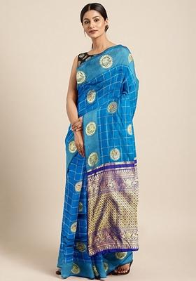 Sky Blue And Royal Blue Zari Embroidered Banarasi Cotton Saree Set