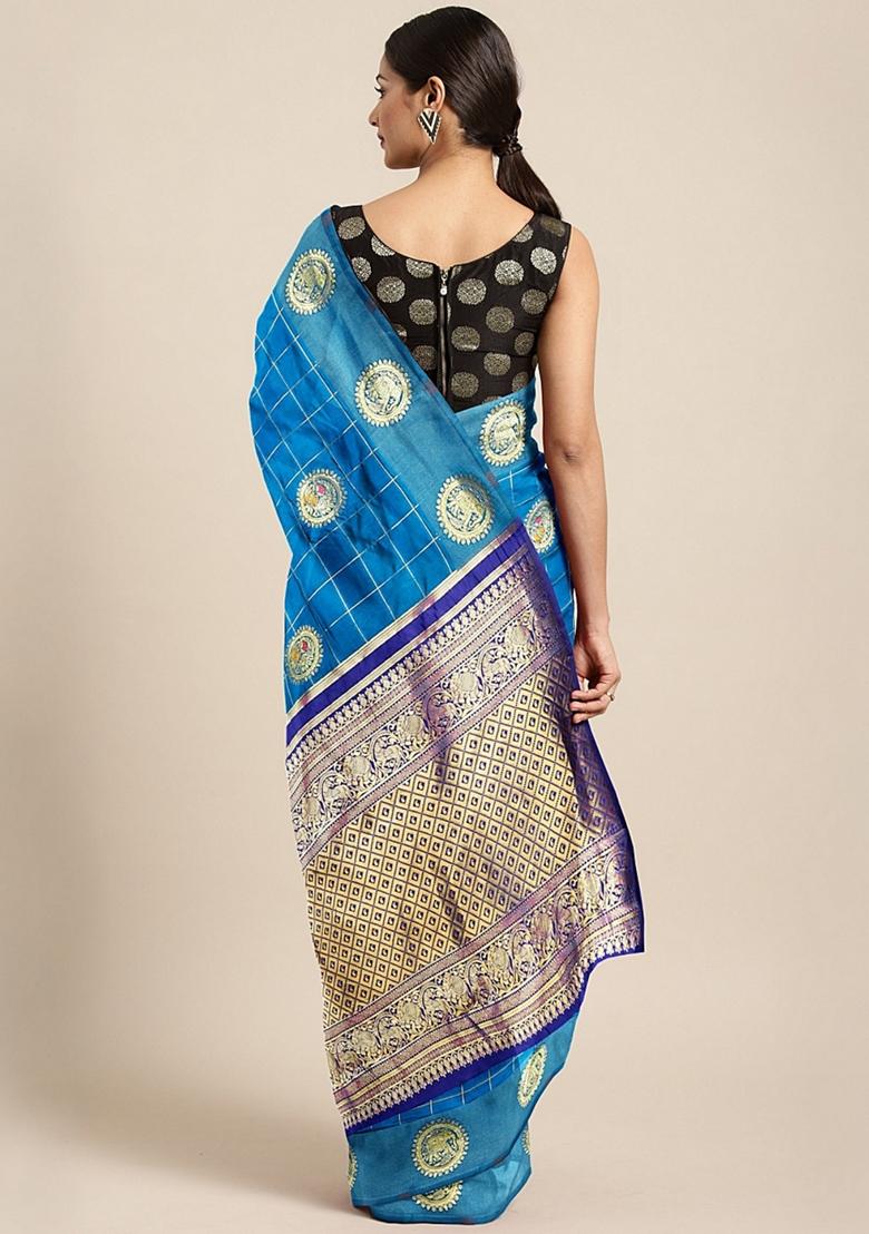 Sky Blue And Royal Blue Zari Embroidered Banarasi Cotton Saree Set
